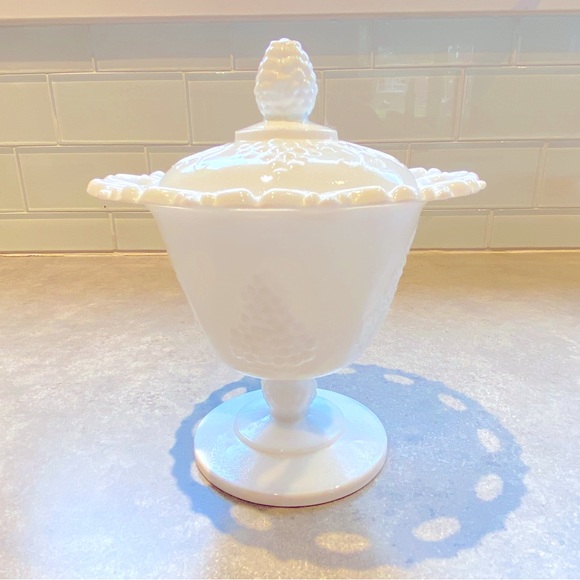 Vintage Milk Glass Footed Bowl Lacey Rim Harvest Pattern With Lid - Picture 3 of 6
